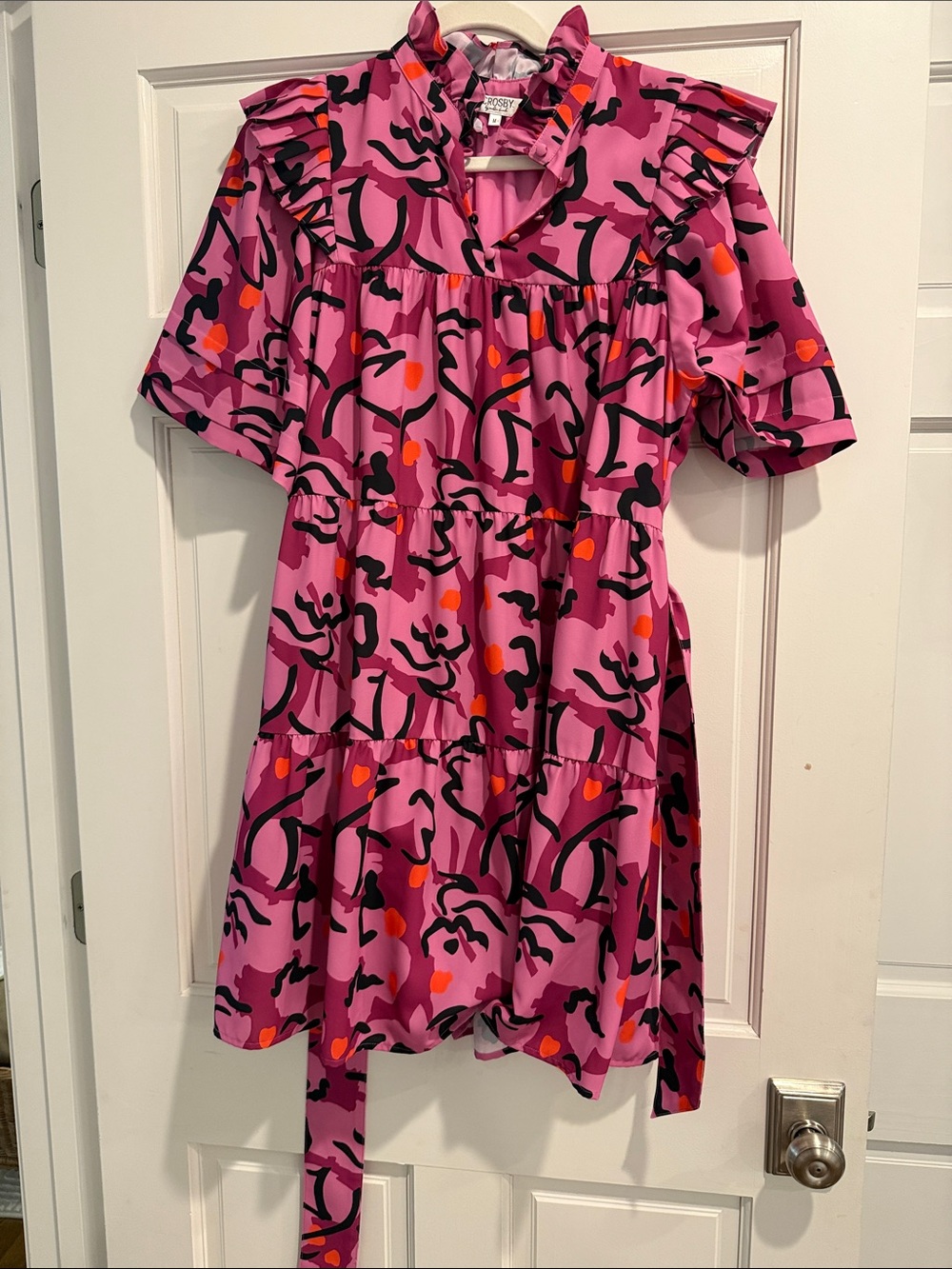 CROSBY by Mollie Burch Hot Pink Abstract Ruffle Tiered Dress